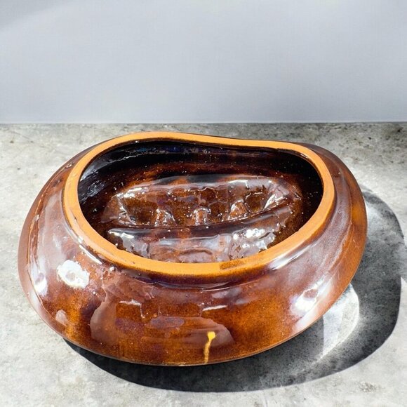 Vintage Mid Century Ceramic RedWare Pottery Ashtray Dish Brown Yellow Drip Glaze - Picture 2 of 13
